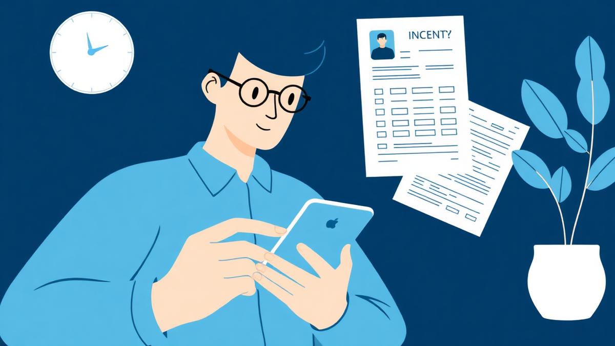 Ilustração de pessoa preenchendo declaração de imposto no celular