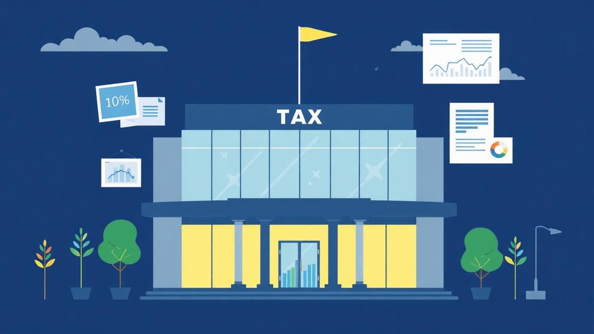 Ilustração de prédio da administração tributária com documentos digitais